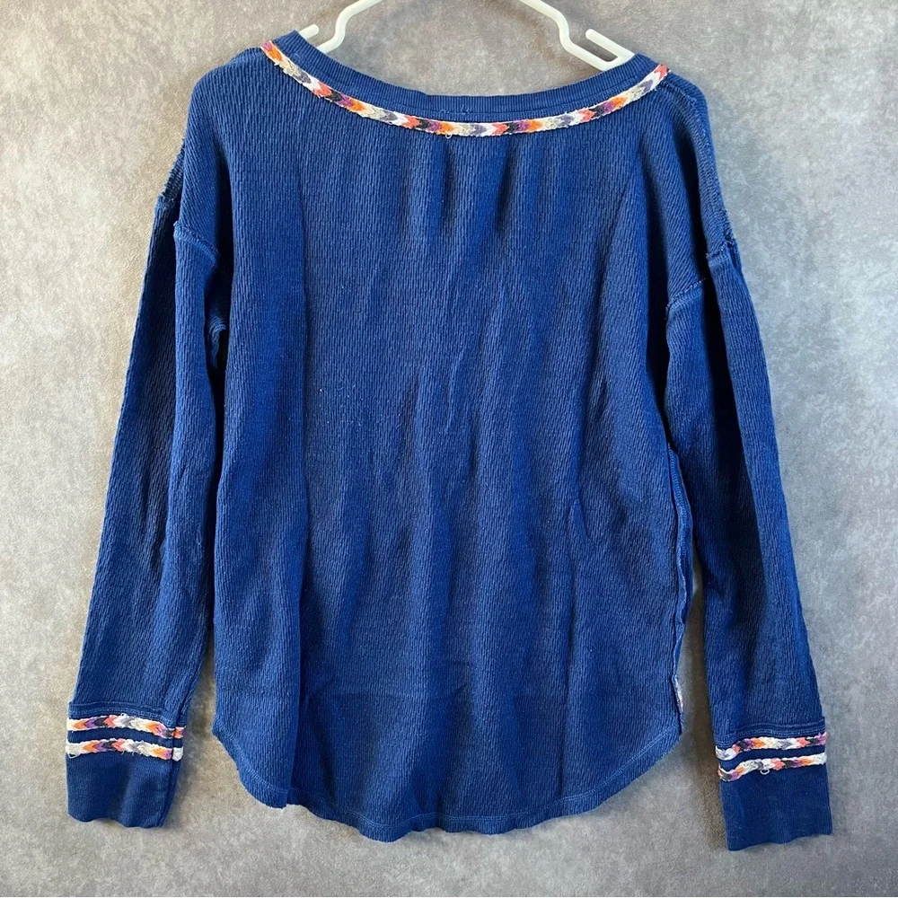 Free People Henley Top Women Small‎ Blue Waffle Knit Braided Trim *See Desc*